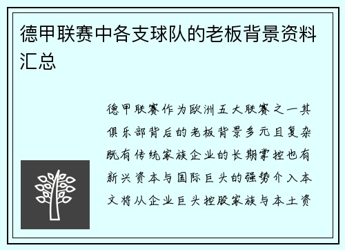 德甲联赛中各支球队的老板背景资料汇总