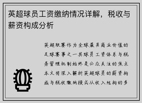 英超球员工资缴纳情况详解，税收与薪资构成分析