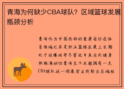 青海为何缺少CBA球队？区域篮球发展瓶颈分析